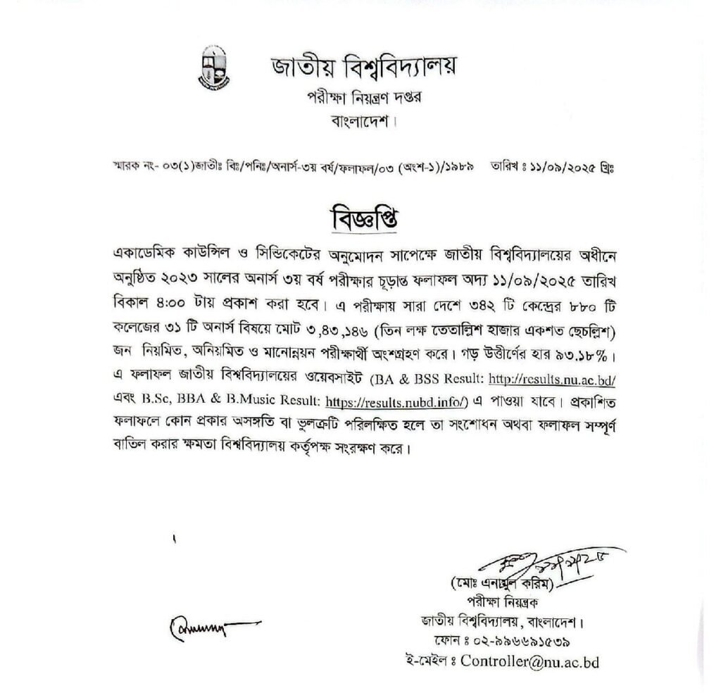 NU Honours 3rd Year Result 2025