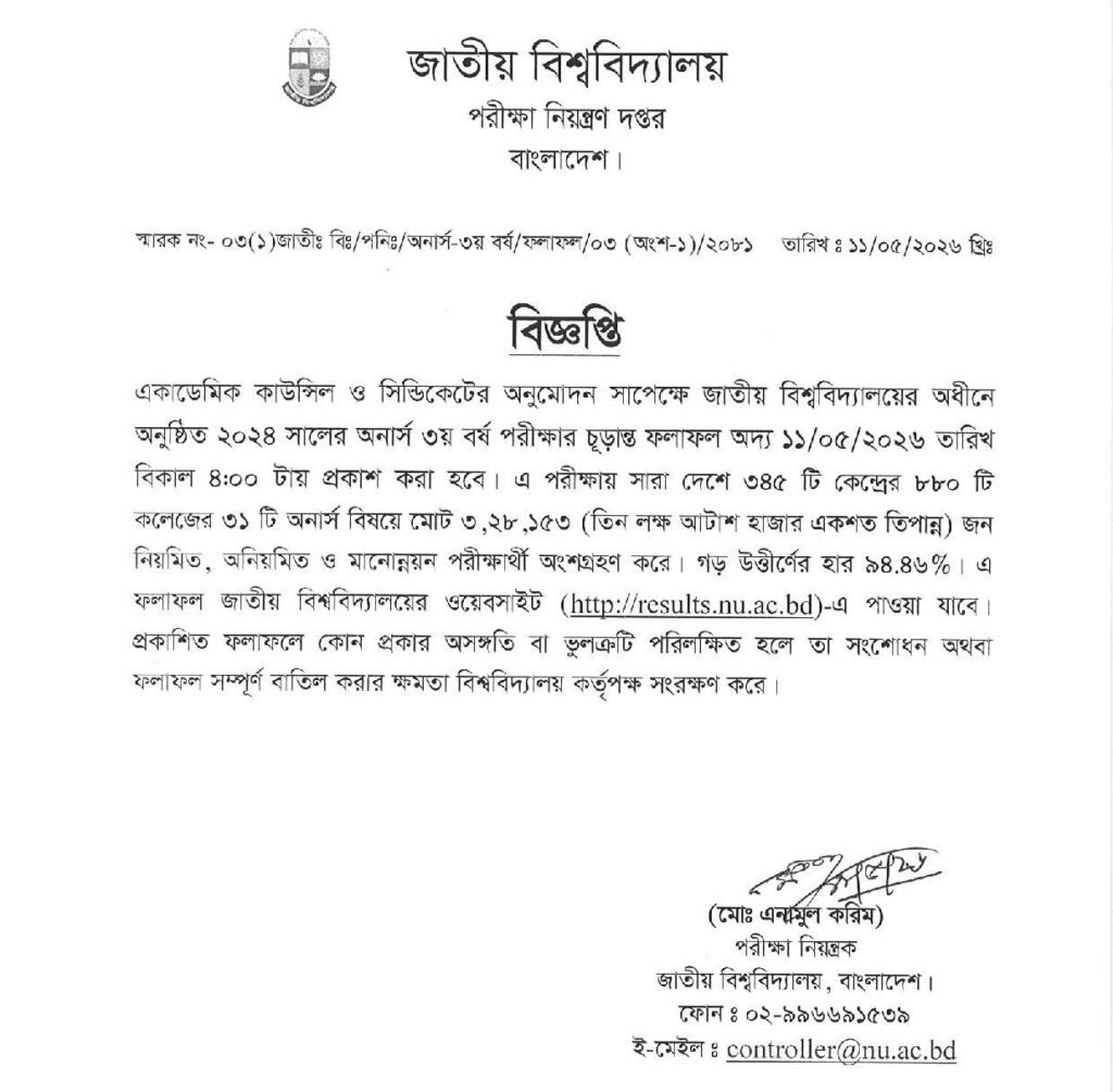 Honours 3rd Year Result 2026 Notice